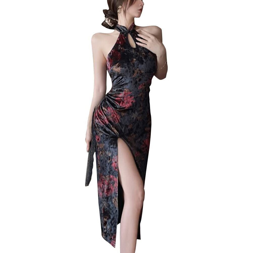 1403 Floral Print Velour Midi Cheongsam Sleeveless Keyhole Halterneck Slim